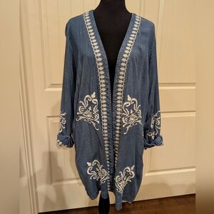 Susan Graver Blue Jean Jacket with White Embroidery